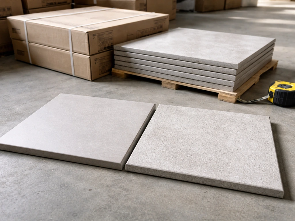 Close-up of porcelain patio tile boxes and two finish samples laid side by side for comparison.