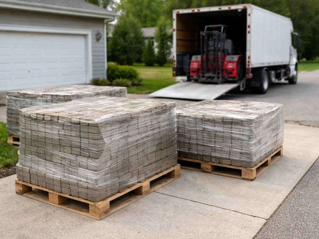 Pallets of stone pavers on a driveway with a delivery truck nearby, showing unloading for patio logistics.
