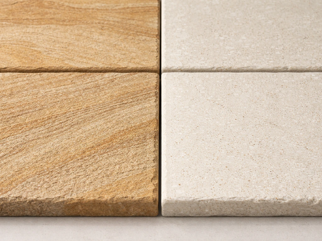 Close-up comparison of sandstone and limestone tiles showing warm layered grain versus smoother pale surface.
