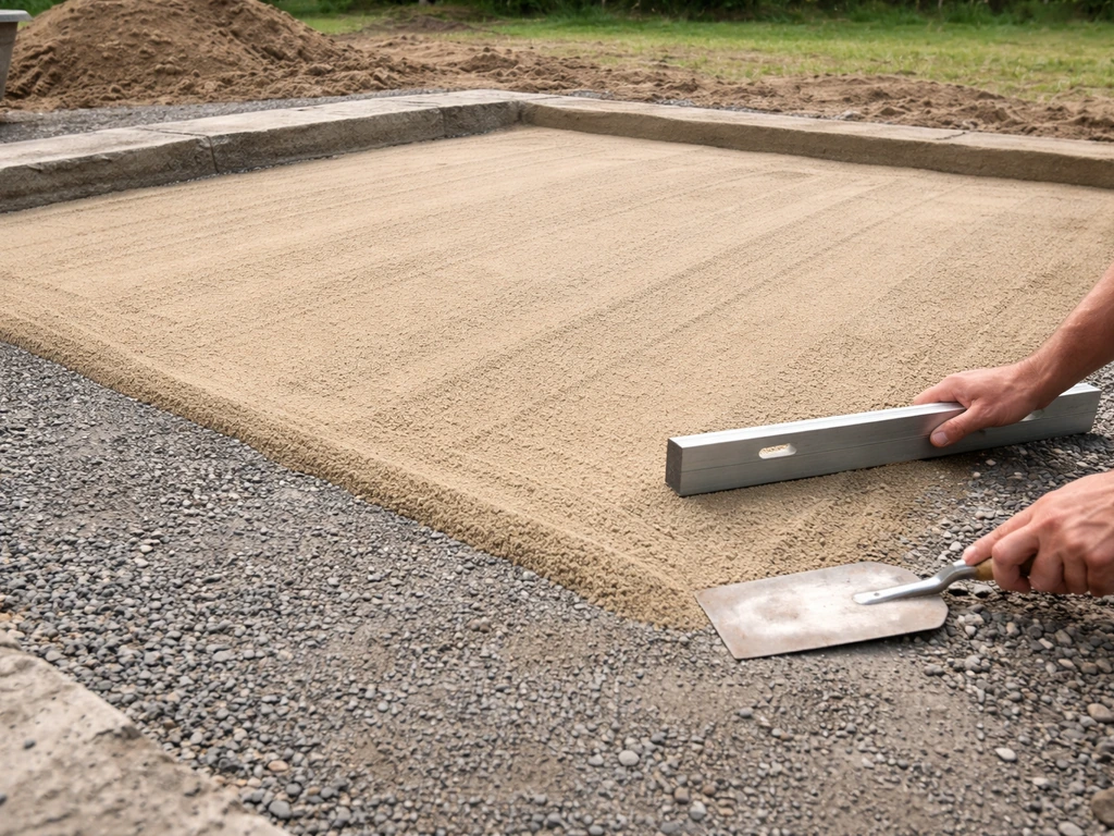 Contractor hand-tools compacted gravel base and screeded sand for a sloped natural stone patio