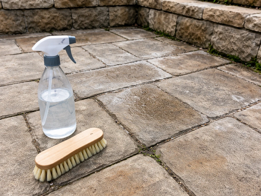 Outdoor stone patio with moss and white efflorescence, a brush and unbranded spray bottle for cleaning.