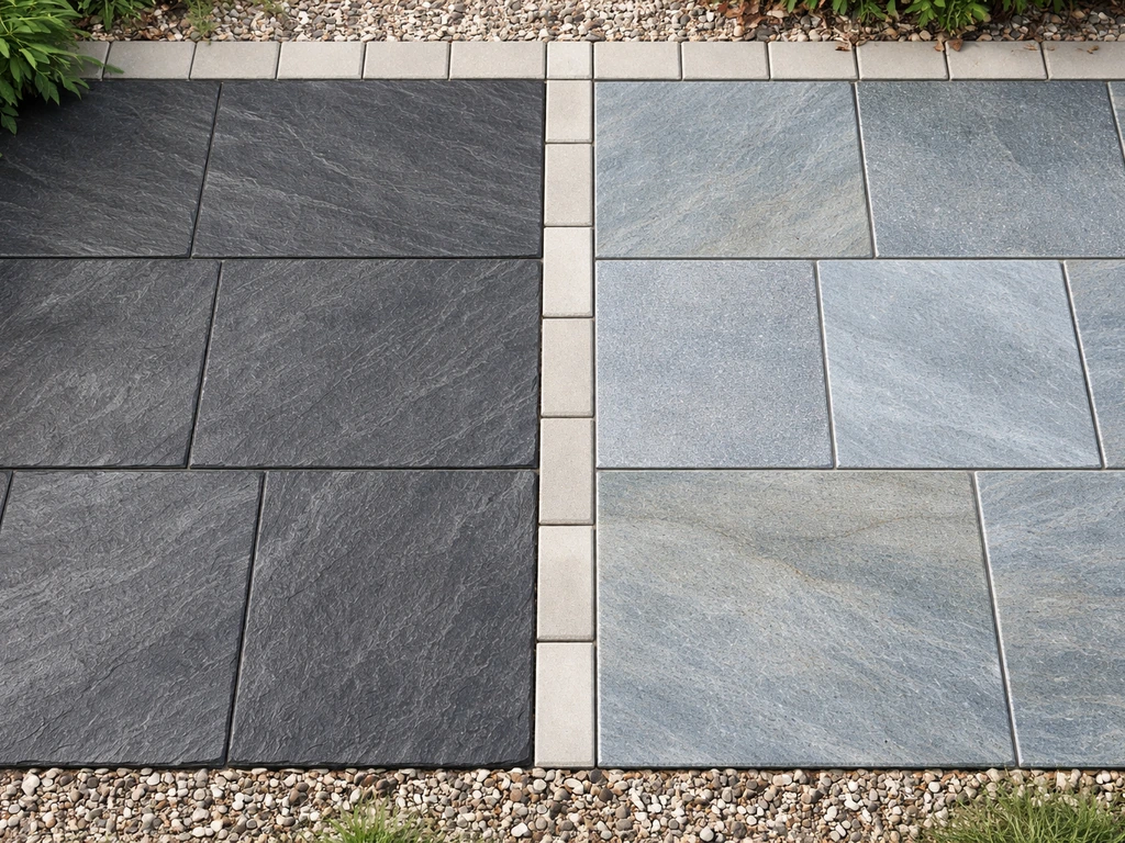 Top-down view comparing slate (charcoal, matte striations) vs bluestone (blue-gray speckled) patio textures.