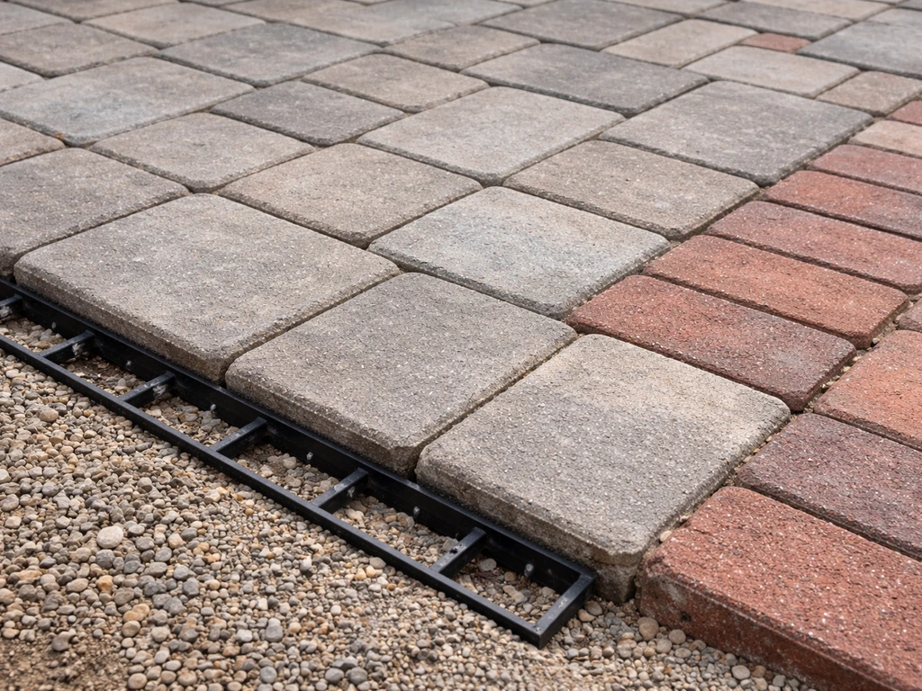 Close-up of interlocking concrete pavers and clay brick on a compacted gravel base with tight joints