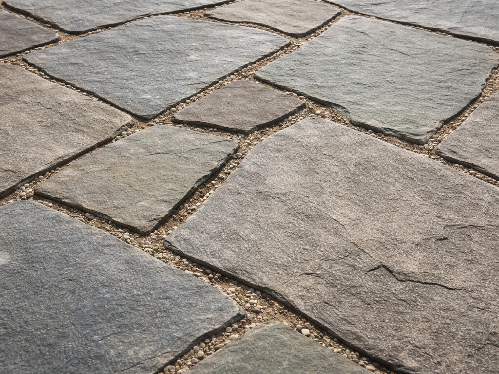 Close-up of irregular flagstone slabs laid on gravel and sand with visible natural texture and color variation.