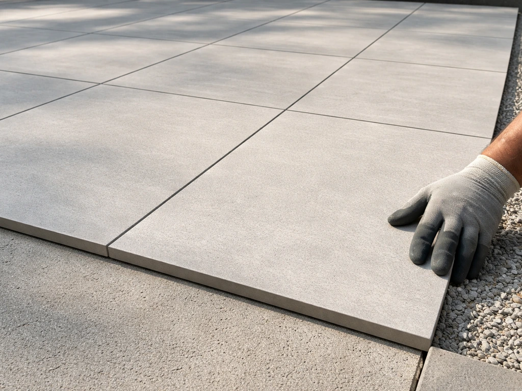 Close-up of large porcelain pavers on a perfectly flat concrete patio with thin grout joints.