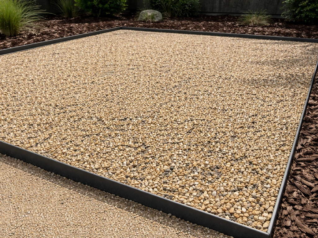 Pea gravel and decomposed granite patio with crisp edging containing the aggregate