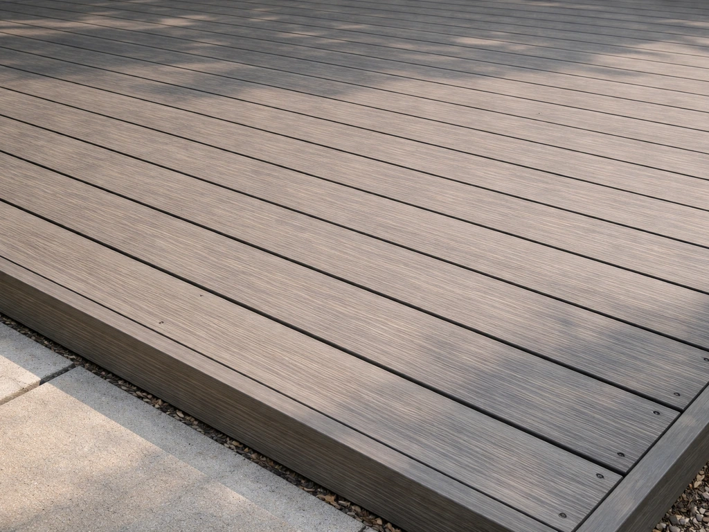 At-grade composite decking patio boards with visible fasteners and subtle subframe edges.