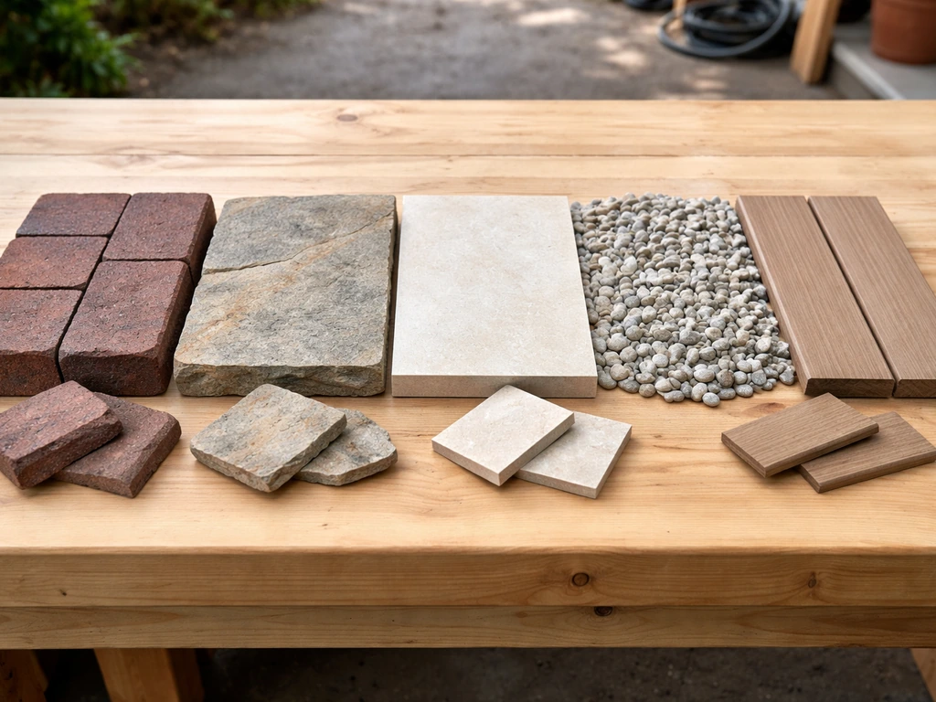 Minimal photo of patio material samples laid out side by side on a workbench for comparison.