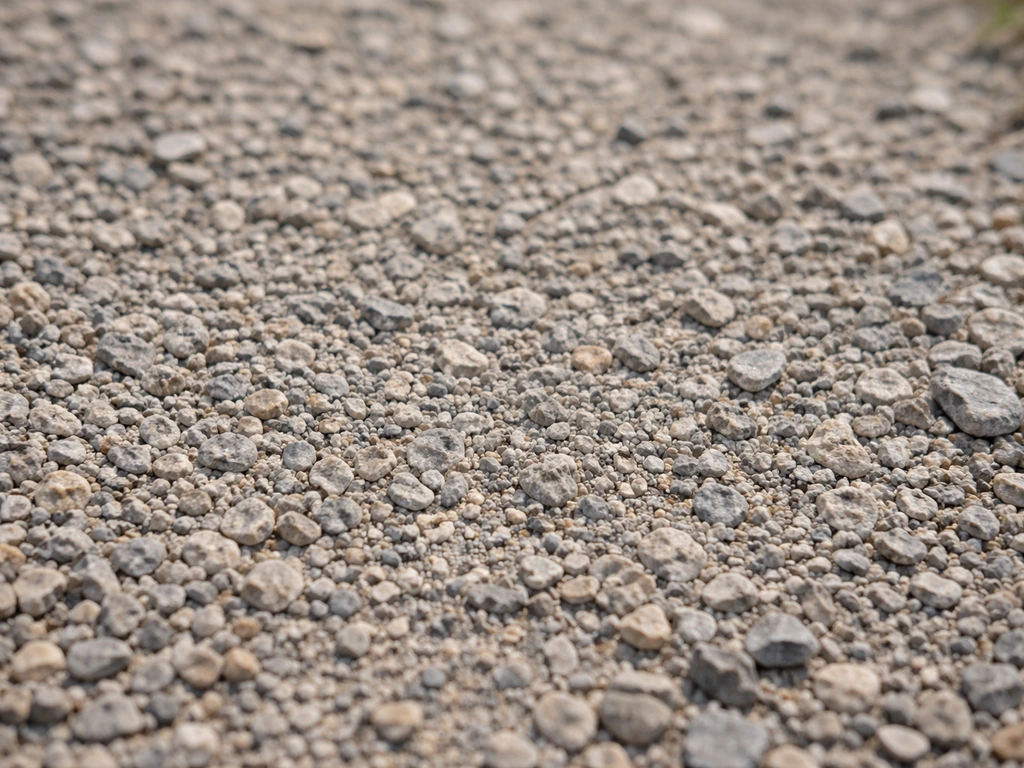 Close-up of compacted angular granite fines locked together, showing a stable slip-resistant surface.