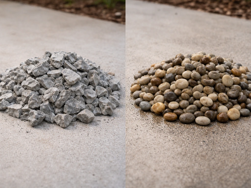 Side-by-side close-up of angular crushed stone and rounded pea gravel, with wet shine on the rounded stones.
