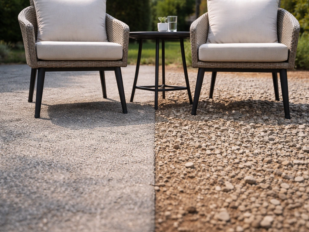 Patio chair and table on compacted crushed-granite vs sinking into loose gravel, showing drainage and stability contrast