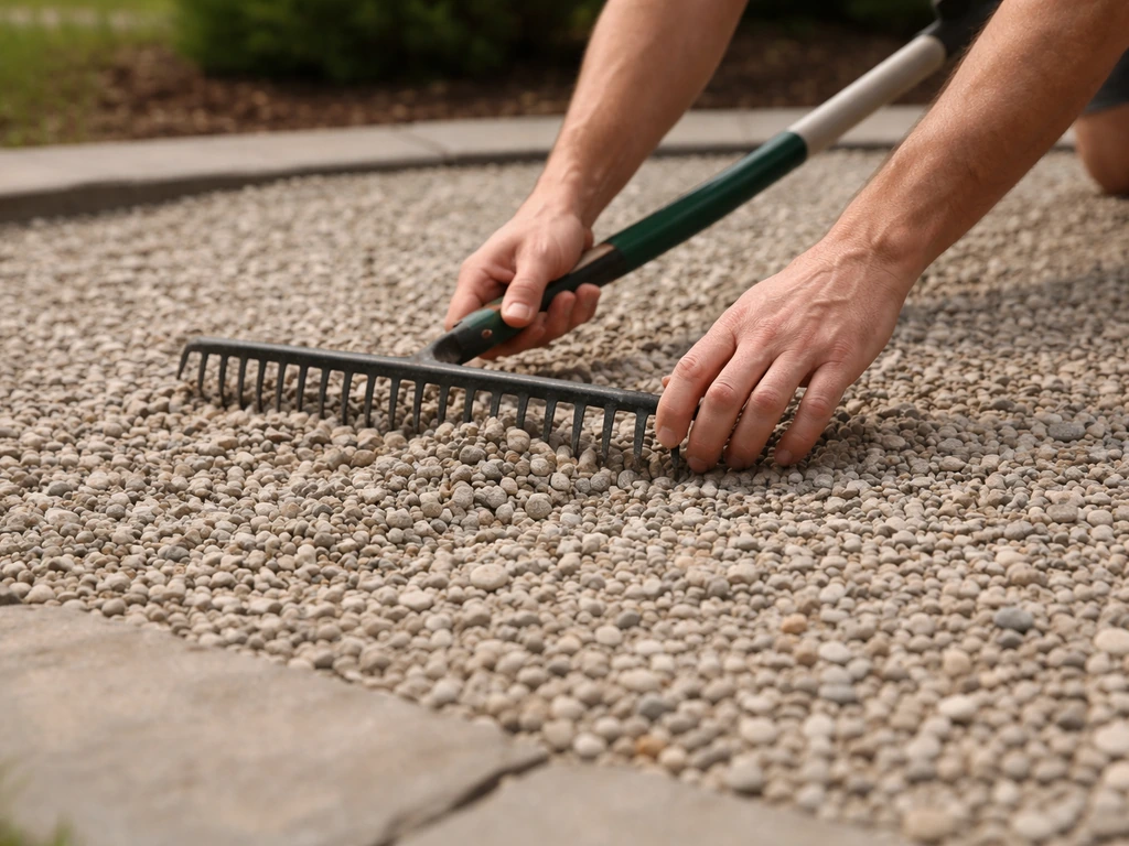 Homeowner raking loose gravel back into place on a rock patio for even, level traction.