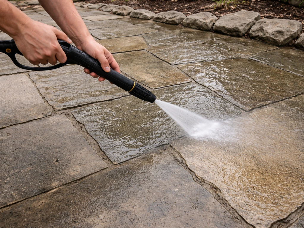 Hands using a low-pressure washer wand to gently rinse a flagstone patio slab.