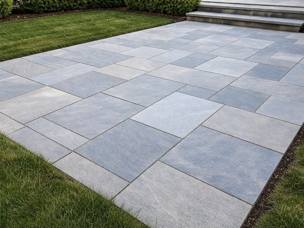 Freshly installed blue-gray bluestone patio with visible joints in a quiet residential backyard.