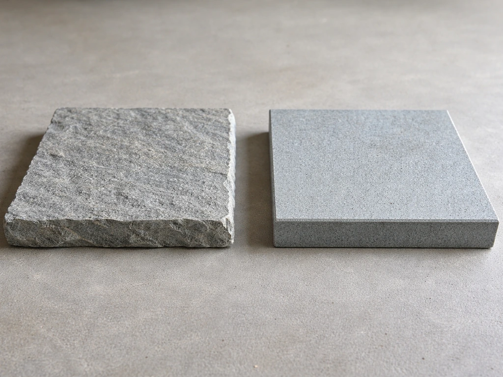 Two bluestone slabs side by side, one cleft-cut and one sawn, showing different surface finishes.