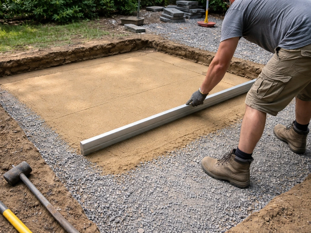 Installer leveling a sand screed on a compacted gravel bed in an excavated patio base