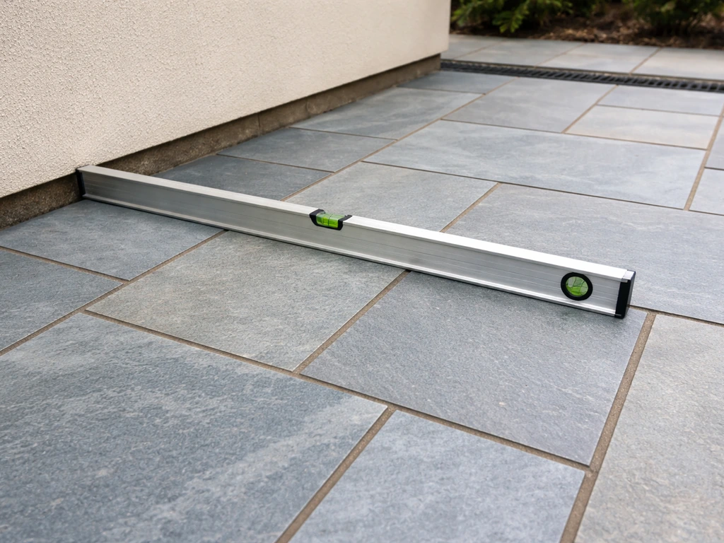 Bluestone patio surface with a level tool showing slight slope away from a wall and a visible drainage edge.