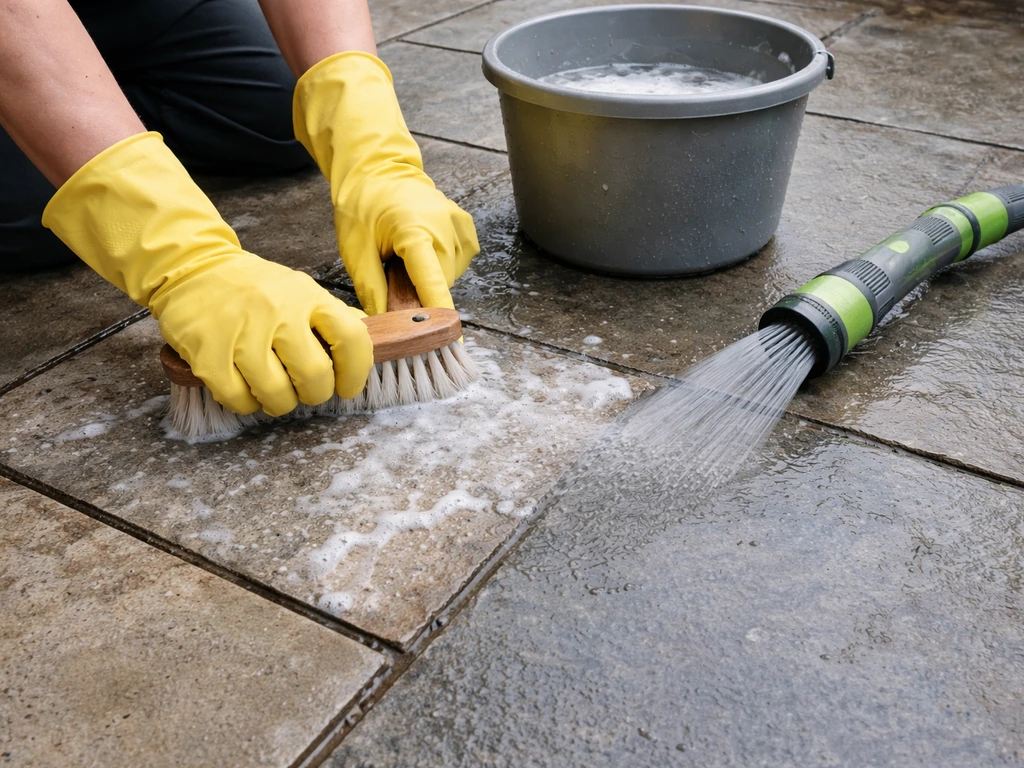 Person cleaning a bluestone patio with a pH-neutral cleaner and soft brush, gentle low-pressure rinse