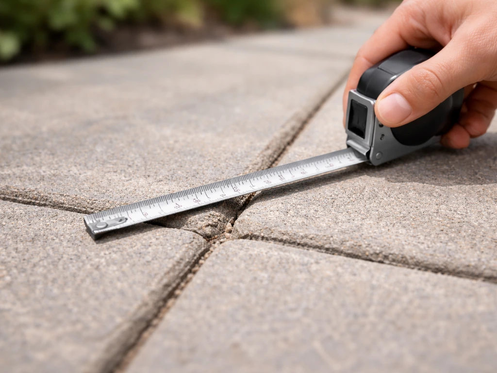 Close-up of a patio paver joint with a tape measure measuring the joint width