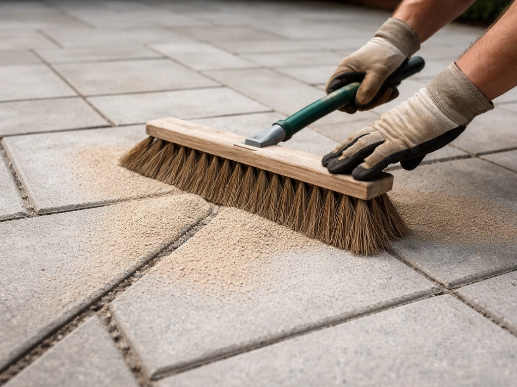 Person diagonal-sweeping dry polymeric sand into patio joints with a stiff push broom