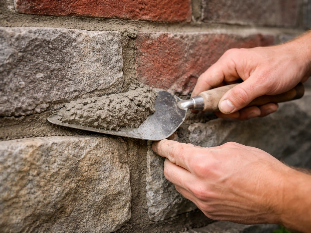 Hands pressing gray cementitious pointing mix into wide brick mortar joints with a pointing trowel.