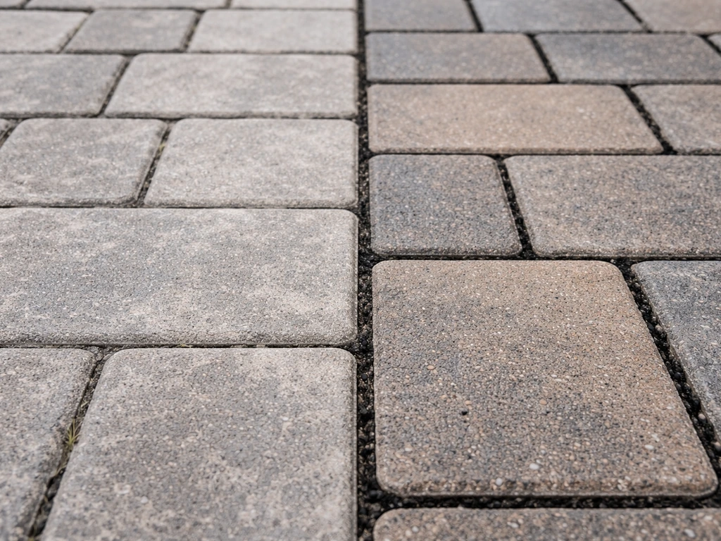 Close-up of polymeric sand haze residue on paver faces next to clean, activated joints.