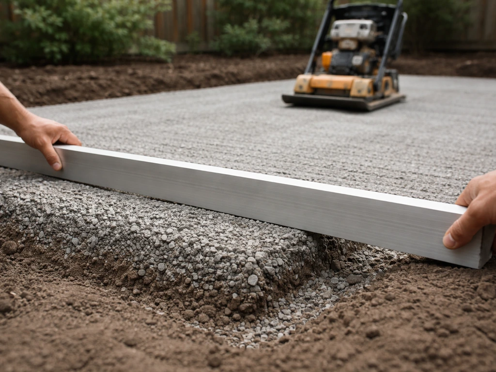 Straightedge checks the thickness of a compacted crushed gravel patio base while a plate compactor passes.