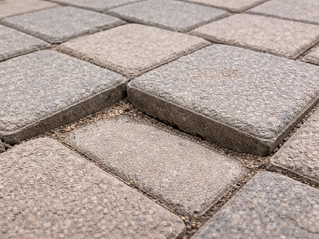 Close-up of patio pavers with one stone sunken lower than neighbors and disturbed bedding sand joints.