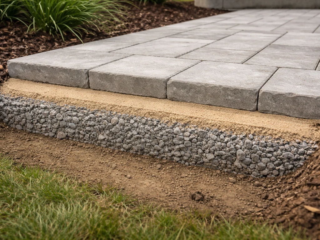 Cross-section of a patio base with compacted crushed stone, bedding sand, and pavers sloping for drainage.