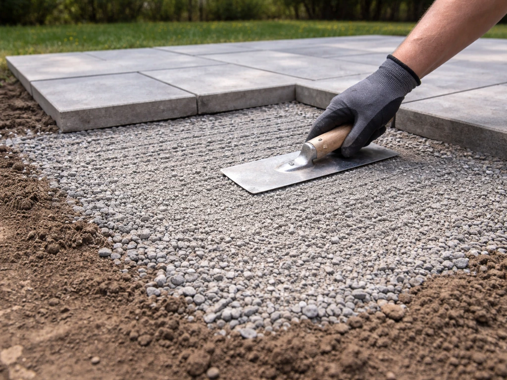 Contractor hand smoothing compacted gravel patio sub base layer between soil and paving