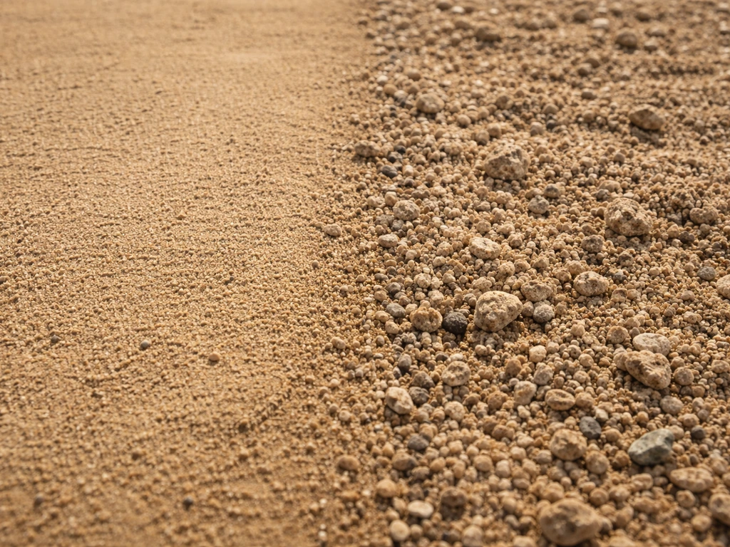 Close-up of compacted decomposed granite next to looser coarse sand and crushed rock in a yard