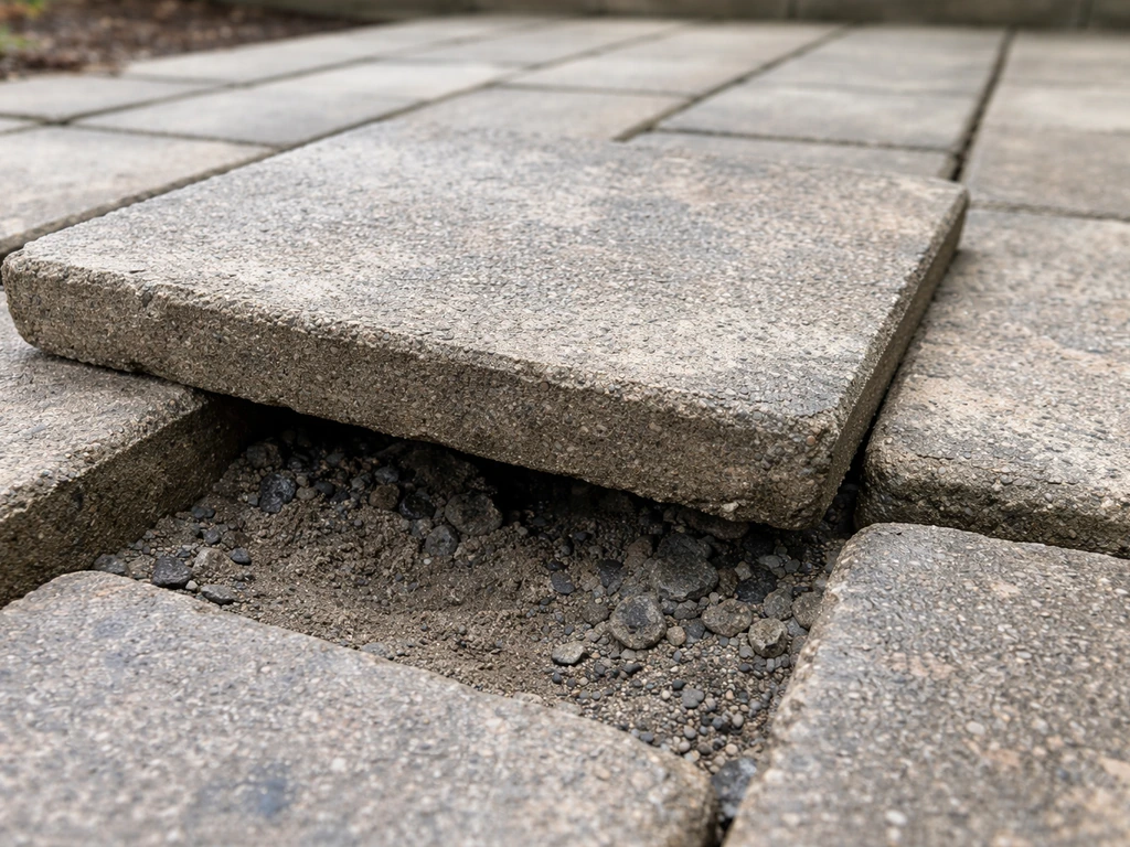 Close-up of a patio paver rocking over a disturbed, unstable granular base near a drainage edge