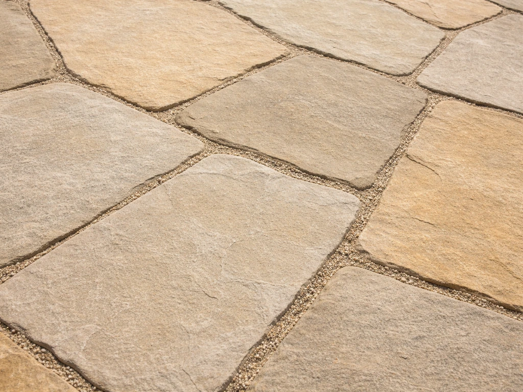 Close-up of irregular flagstone pieces set in sand with visible joints and base texture.