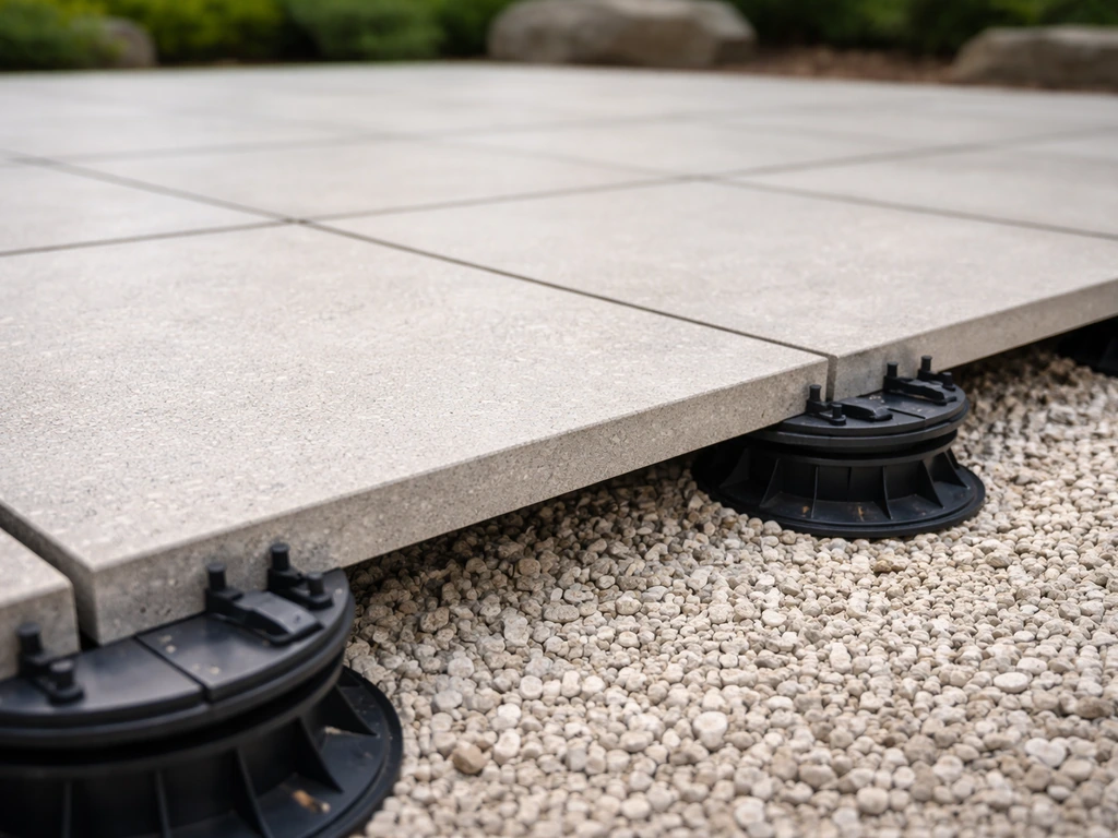 Exterior porcelain pavers on adjustable pedestals with visible joints, grout lines, and drainage gaps.