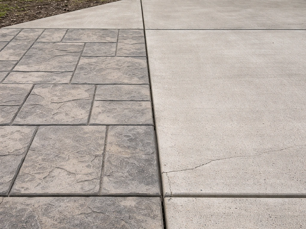 Stamped textured concrete beside a smooth slab, with visible control joints and hairline cracks