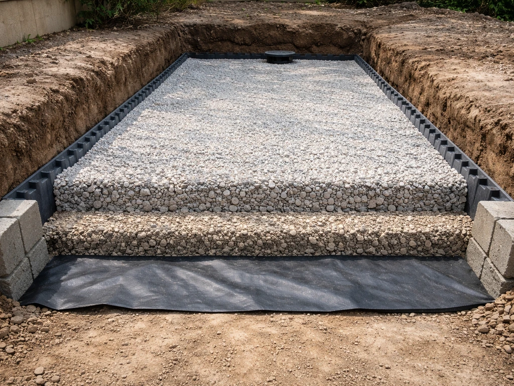 Photo-like cross-section scene showing layered patio subbase with geotextile, compacted aggregate, and drainage slope.