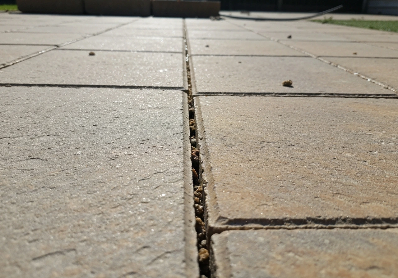 Close-up of patio paving stones with freshly finished resin joint lines, showing clean filled joints between slabs