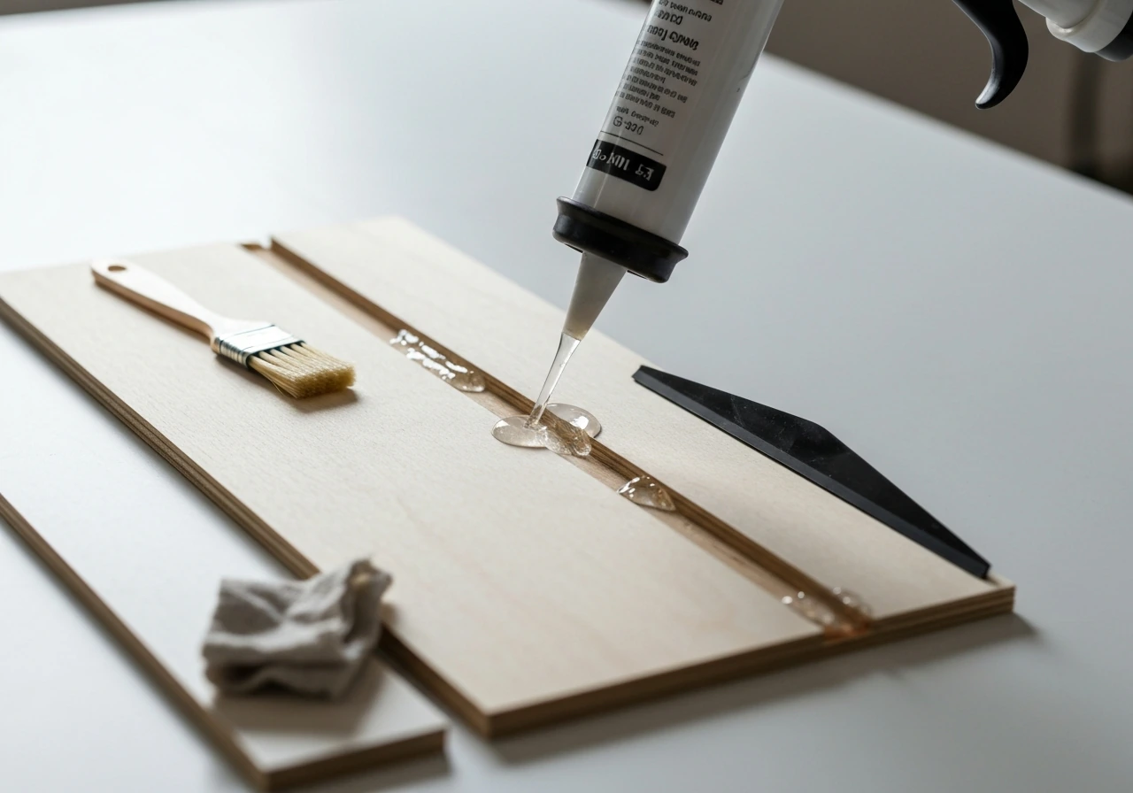 DIY workbench with a caulking gun applying clear resin into a joint; tools ready to remove excess