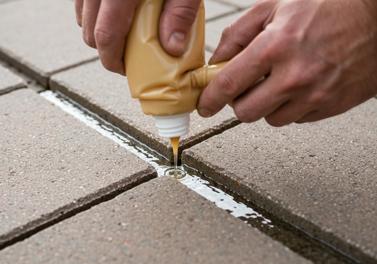 Hands squeeze resin into gaps between patio pavers, filling the pointing joints.