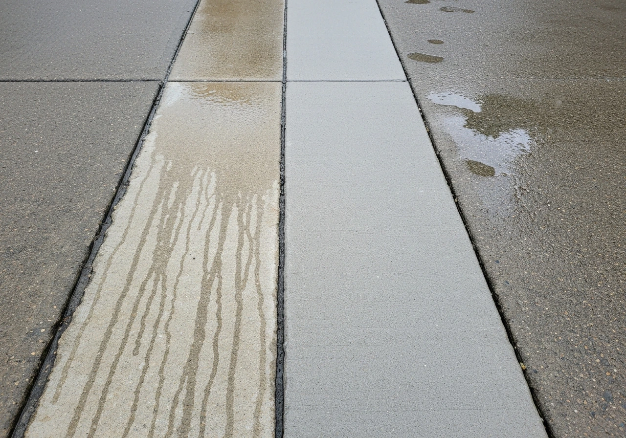 Close-up of a concrete joint showing rain washout on one side and clean uncured resin on the other.