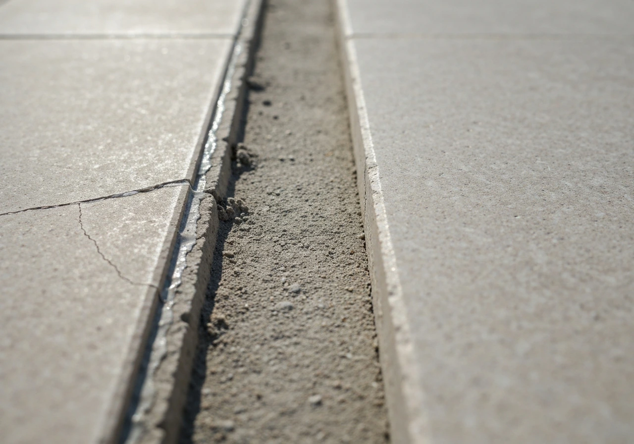 Close-up of shallow cracked resin joint beside a deeper, fully filled joint in a tiled floor.