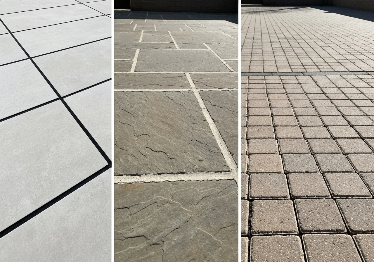 Minimal outdoor photo showing resin-filled joint lines on porcelain tiles, porous natural stone, and brick pavers.