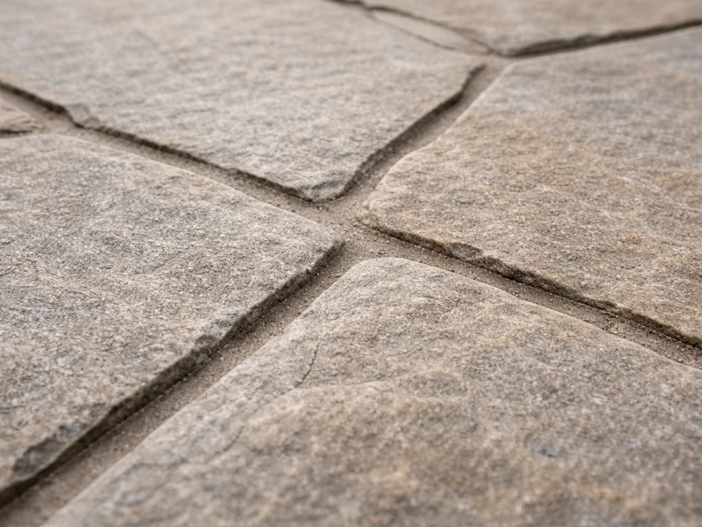 Close-up of mortared flagstone patio joints with crisp, slightly tooled mortar texture.