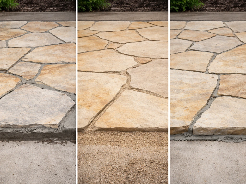 Split image of flagstone patio setups: mortared concrete slab, sand-set base, and thinset-like bedding.