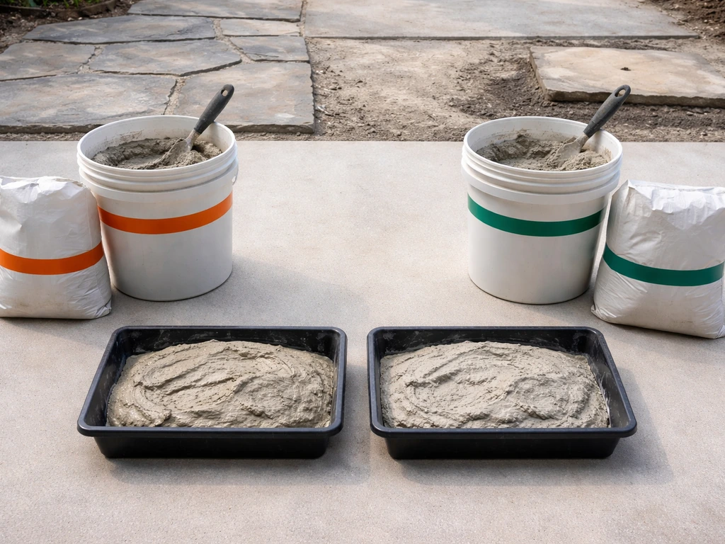 Two mortar mixes (Type S and Type N) in labeled buckets with mixed samples beside flagstone joints.