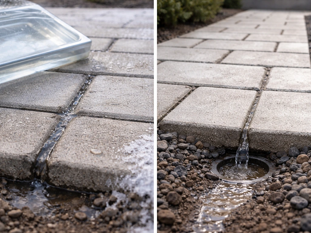 Two side-by-side paver mortar joint setups: one with water in joints under frost conditions, one with dry joints and dra