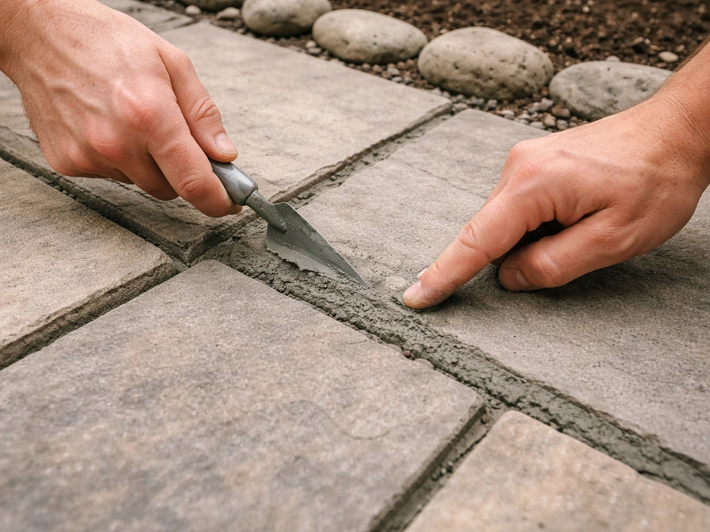 Hands packing and tooling mortar joints between rectangular flagstones, creating clean, tight lines.