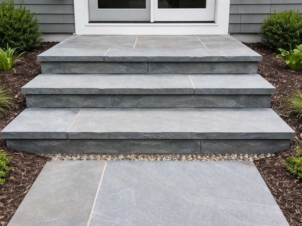 Front-facing bluestone patio steps with textured slip-resistant treads and side drainage gravel detail.