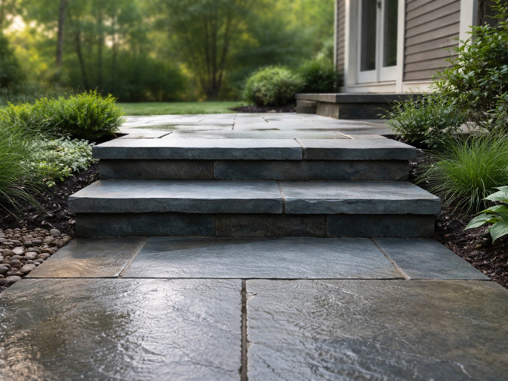 Bluestone patio steps in a quiet residential yard connecting a patio to an upper landing.