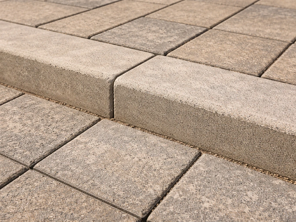 Close-up of a patio surface meeting the top step, showing a flush or slightly recessed tread detail.